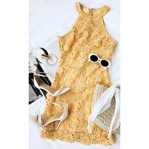 Lulu's Golden yellow Lace High Neck Mini Dress - Picture 1 of 7